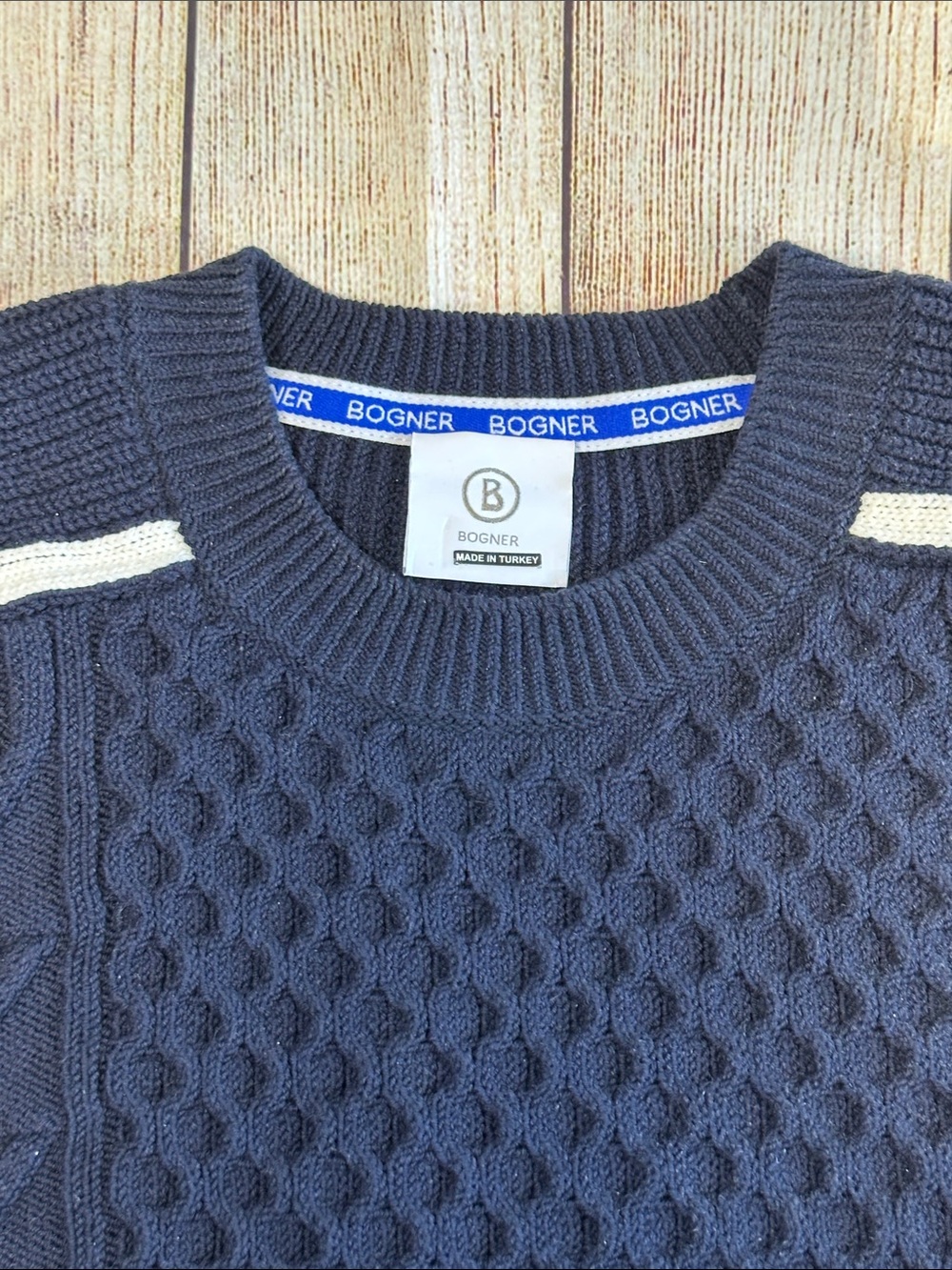 ⁠Bogner Mens Cable Knit Sweater Navy Blue